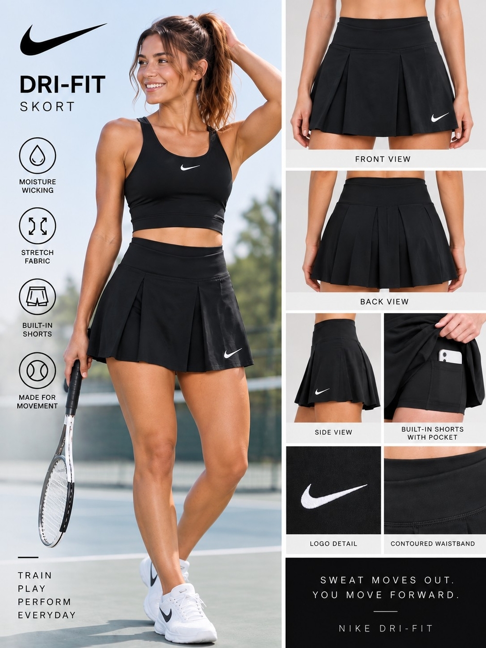 Nike Dri-FIT Advantage Black Pleated Tennis Skort S
